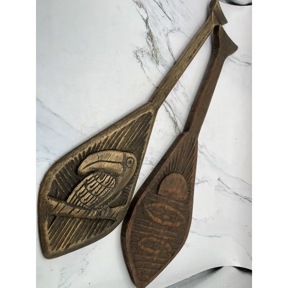 2 Hand Carved Wood Paddle Molds Toucan & Sun? 13 Inches‎ Long
